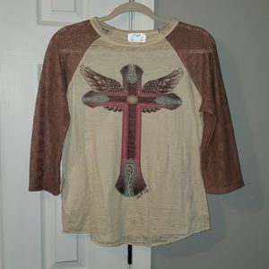 L&B cross & angel wings lace long sleeve raglan S